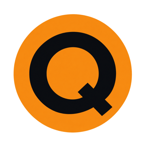 Orange circular mark with a charcoal Q